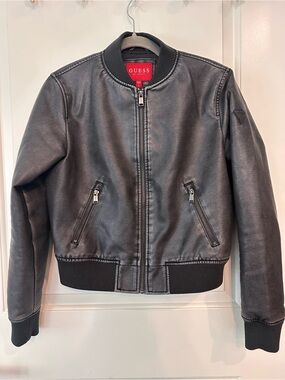 Guess Los Angeles Faux Leather Bomber Jacket Black - Size S